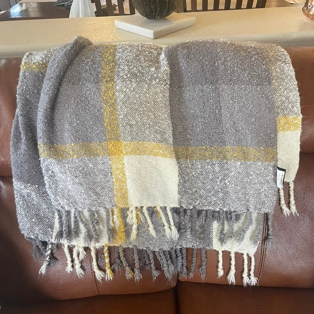 Max Studio knit throw blanket grays and yellow